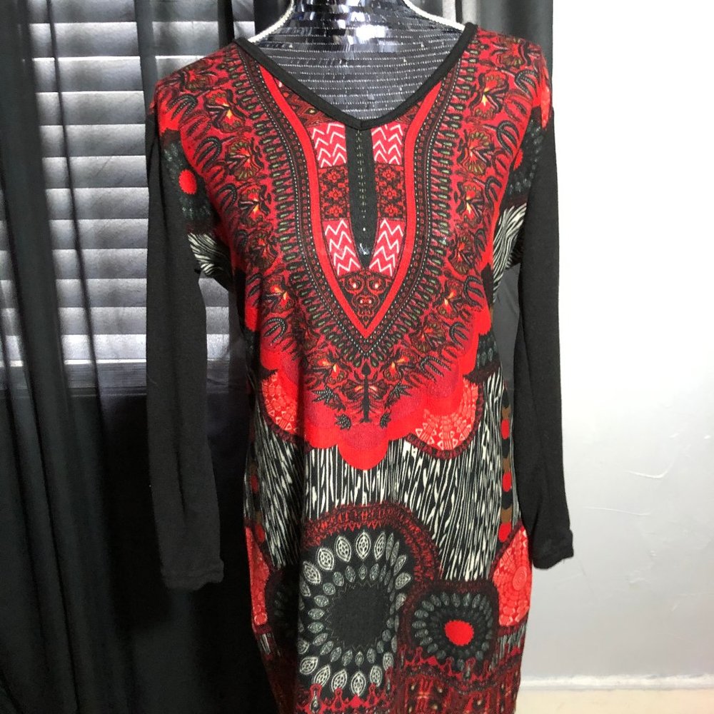 Highness L/XL Abstract Floral Tie Neck Tunic Dress